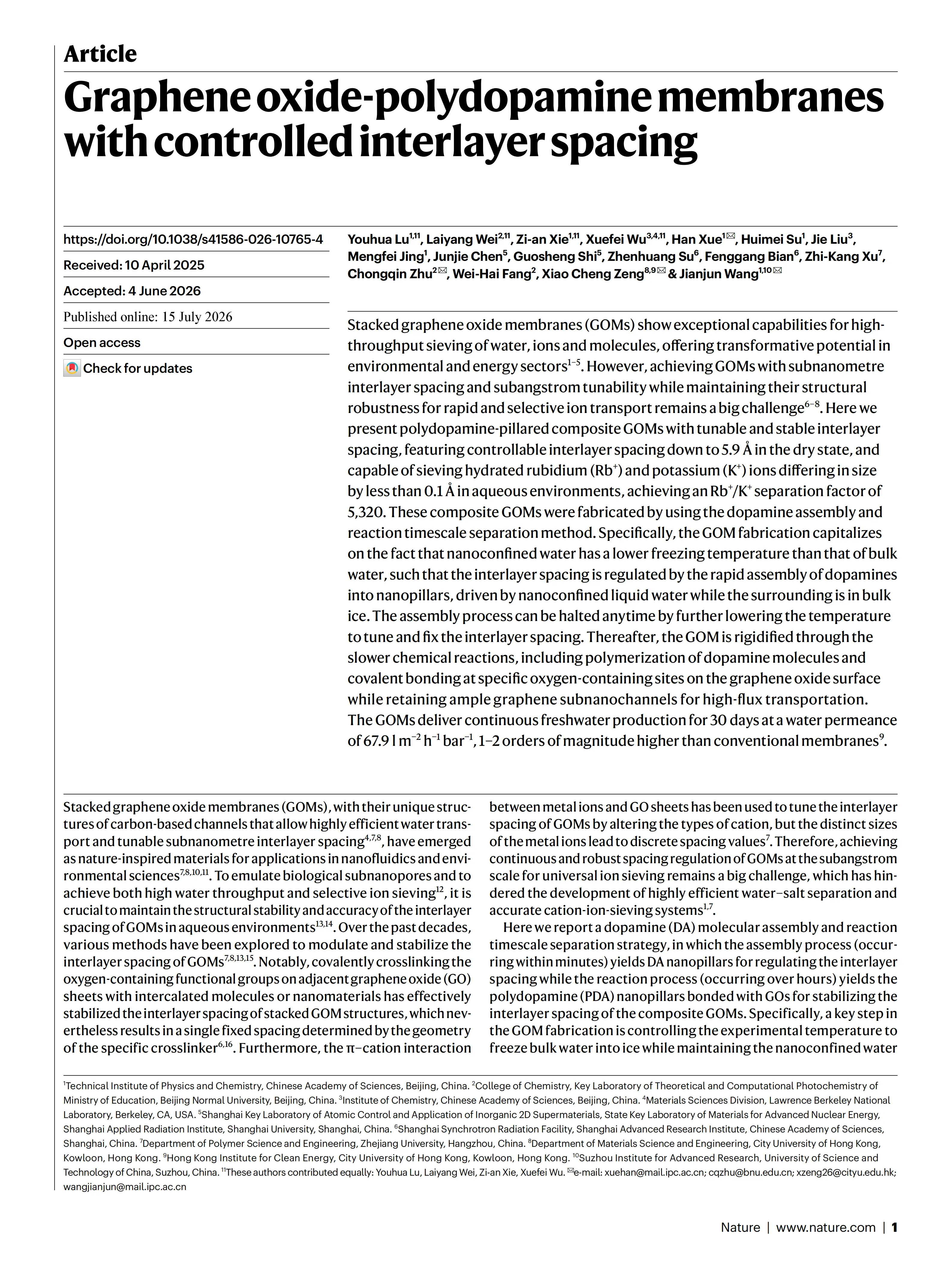 Graphene oxide-polydopamine membranes  with controlled interlayer spacing
